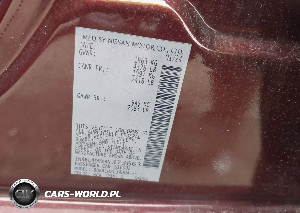 2024 Nissan Altima Sv Fwd VIN:1N4BL4DVXRN373663 - 9