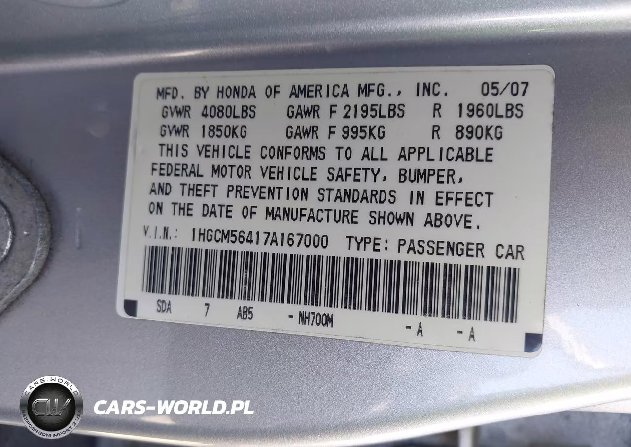 2007 Honda Accord 2.4 Lx VIN:1HGCM56417A167000 - 9
