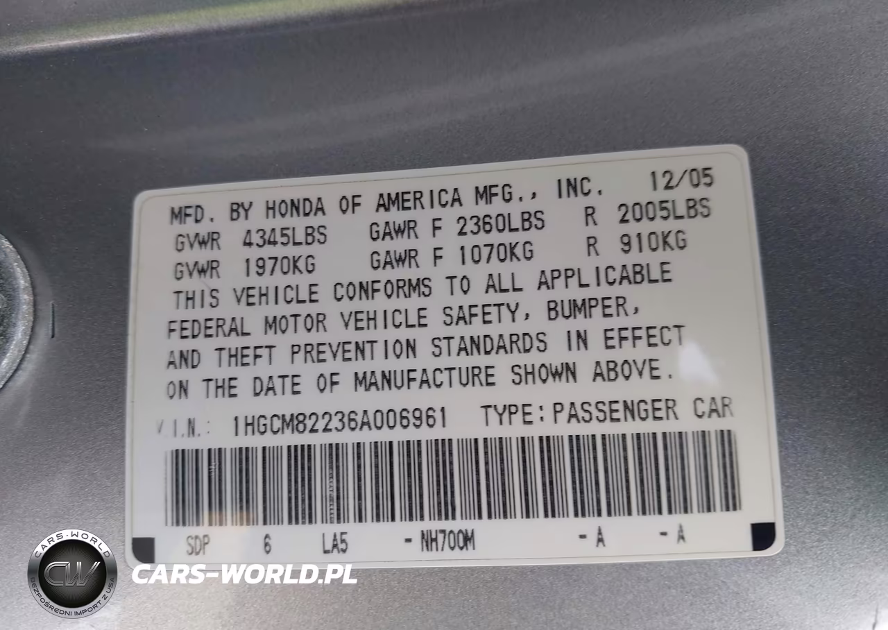 2006 Honda Accord 3.0 Lx VIN:1HGCM82236A006961 - 9