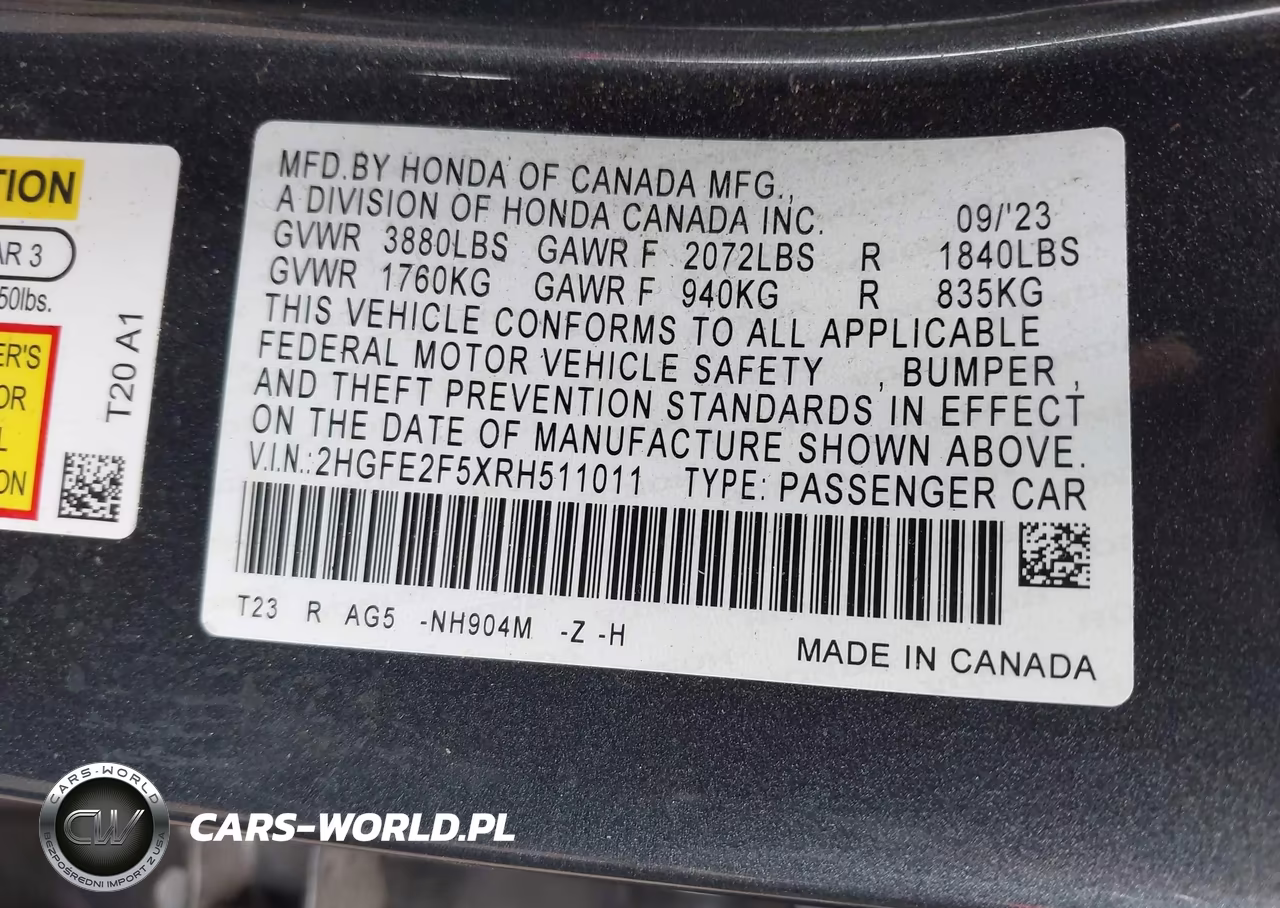 2024 Honda Civic Sport VIN:2HGFE2F5XRH511011 - 9