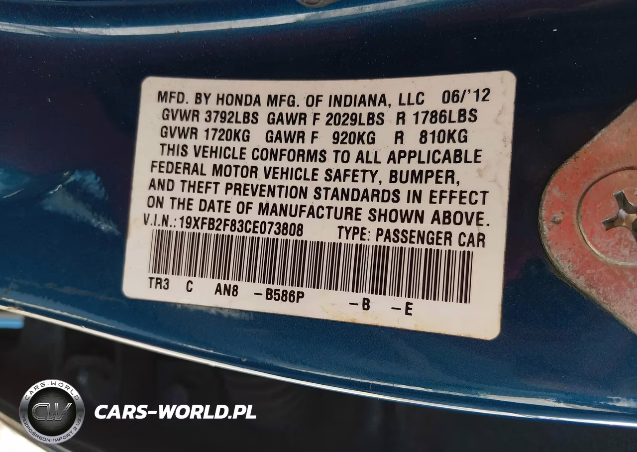 2012 Honda Civic Ex VIN:19XFB2F83CE073808 - 9