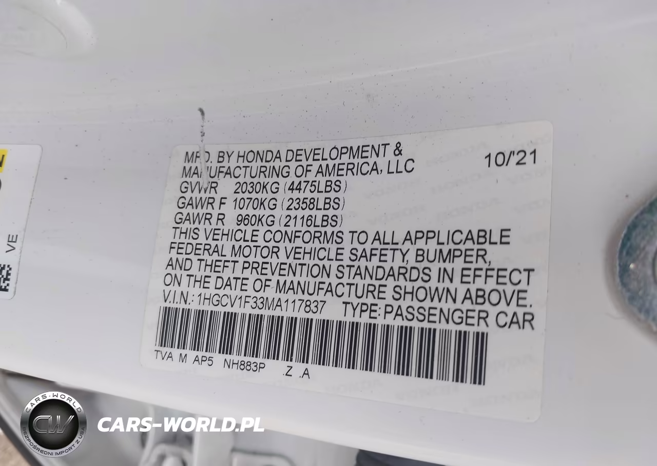 2021 Honda Accord Sport VIN:1HGCV1F33MA117837 - 9