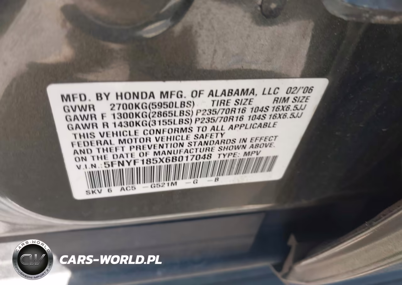 2006 Honda Pilot Ex-L VIN:5FNYF185X6B017048 - 9
