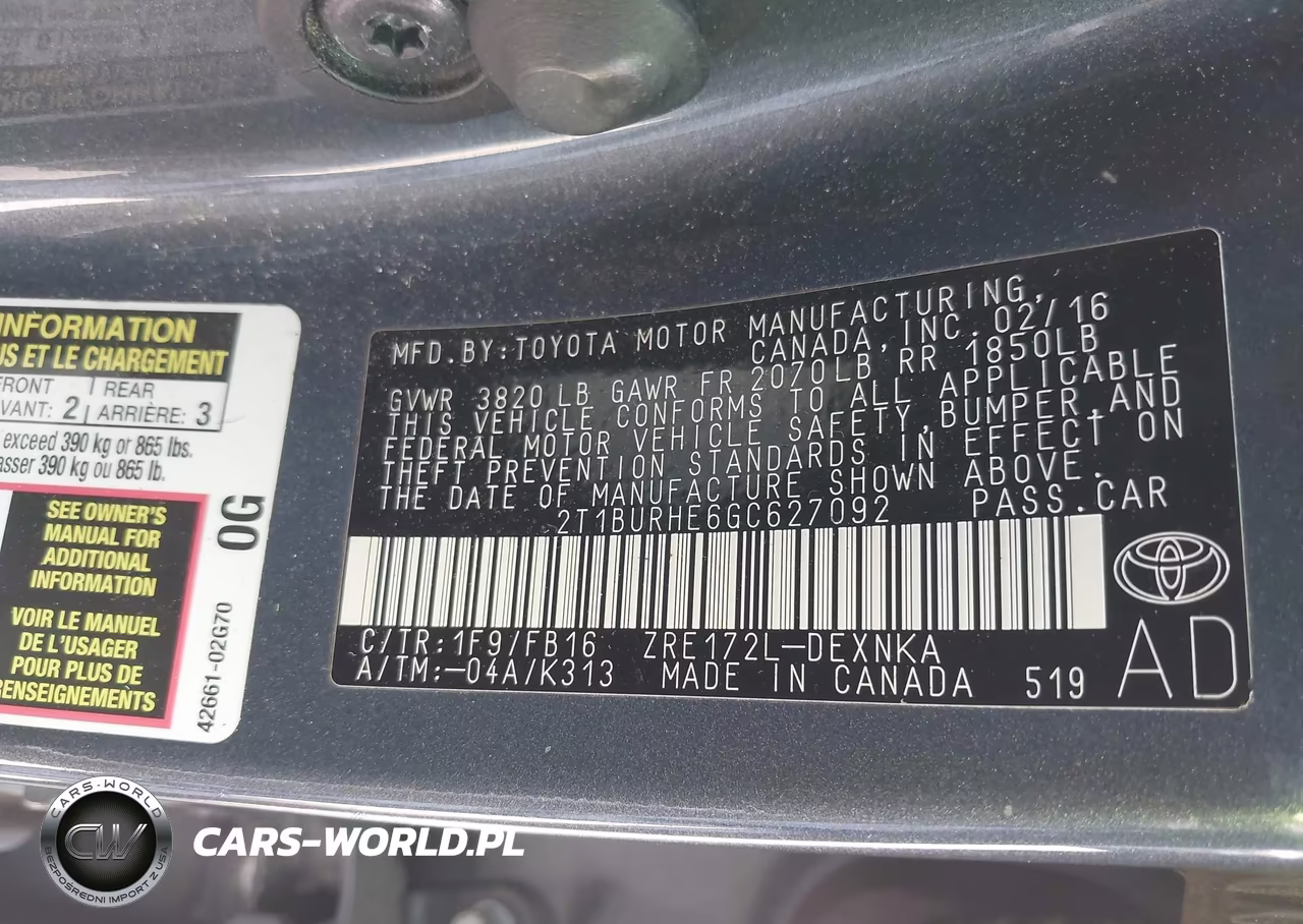 2016 Toyota Corolla Le VIN:2T1BURHE6GC627092 - 9