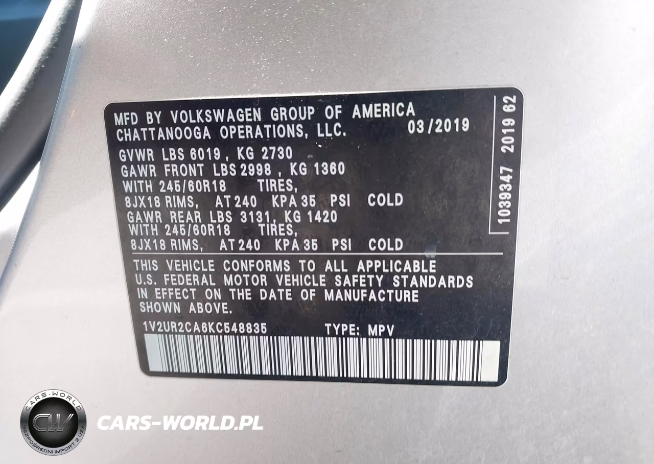 2019 Volkswagen Atlas 3.6L V6 Se W-Technology VIN:1V2UR2CA6KC548835 - 9