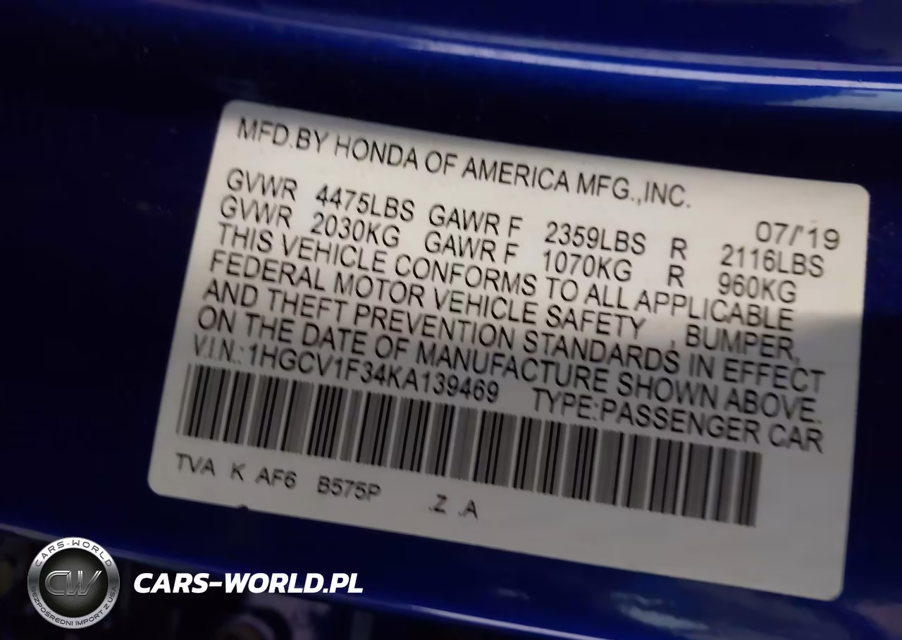 2019 Honda Accord Sport VIN:1HGCV1F34KA139469 - 9