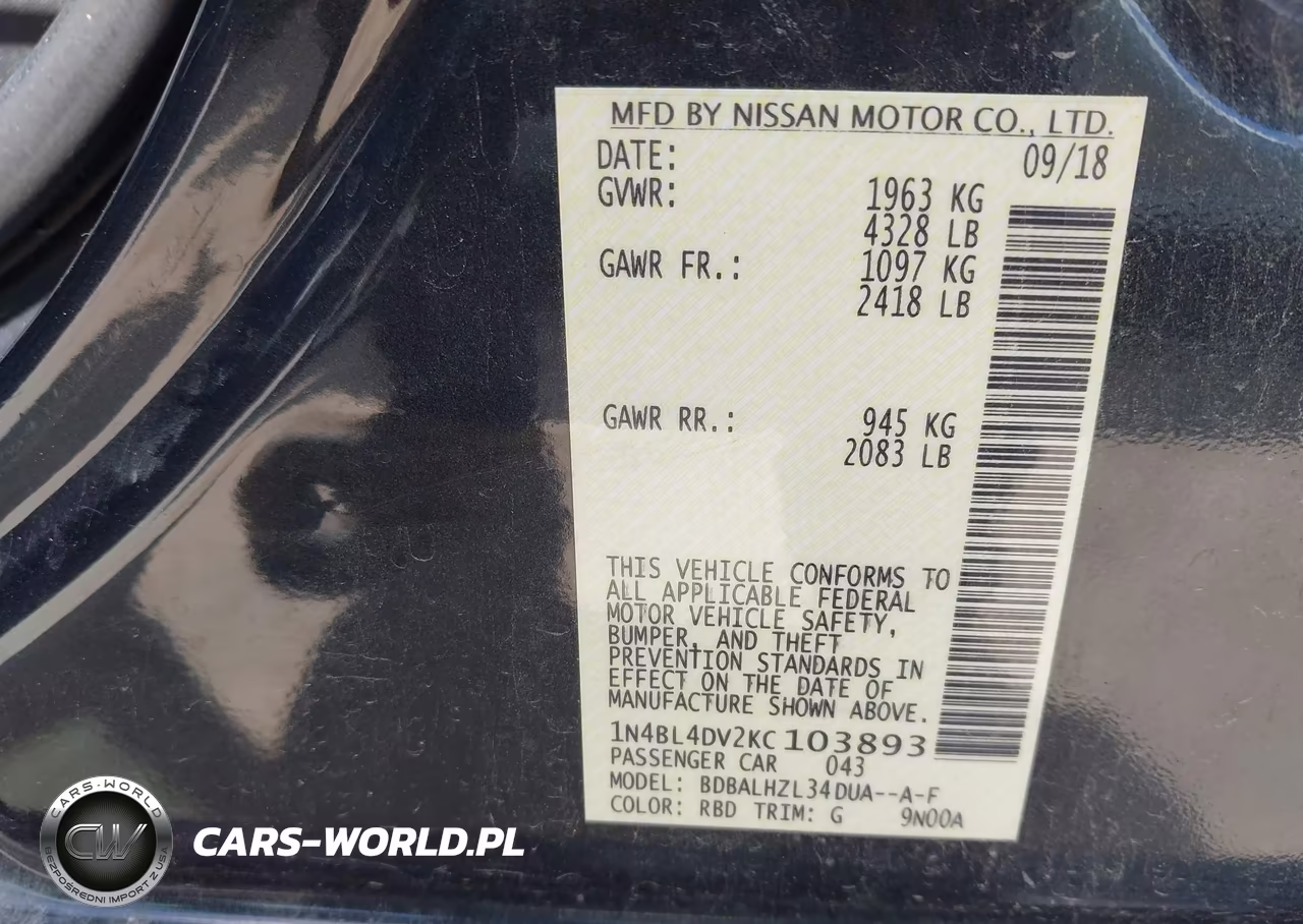 2019 Nissan Altima 2.5 Sv VIN:1N4BL4DV2KC103893 - 9