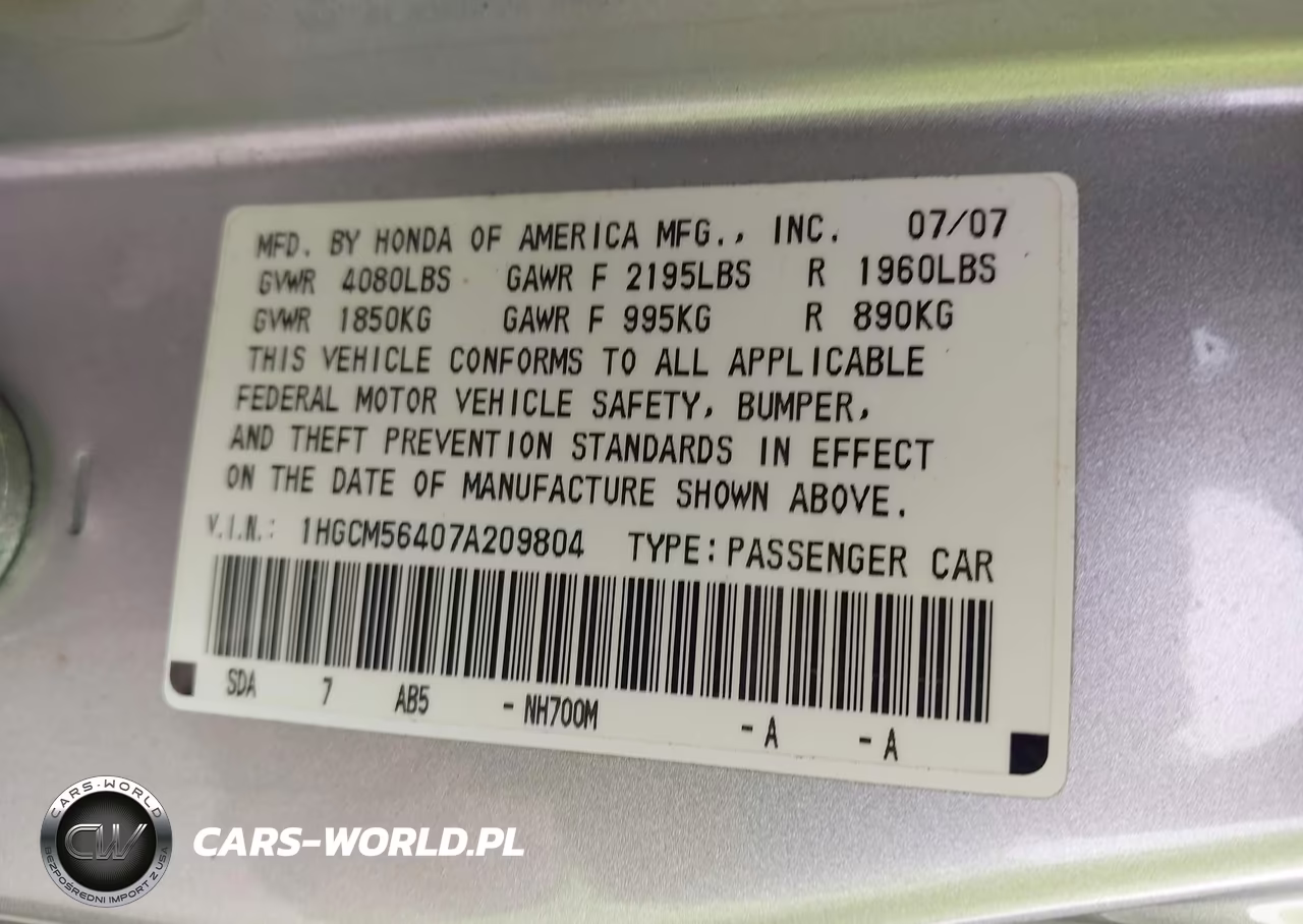 2007 Honda Accord 2.4 Lx VIN:1HGCM56407A209804 - 9
