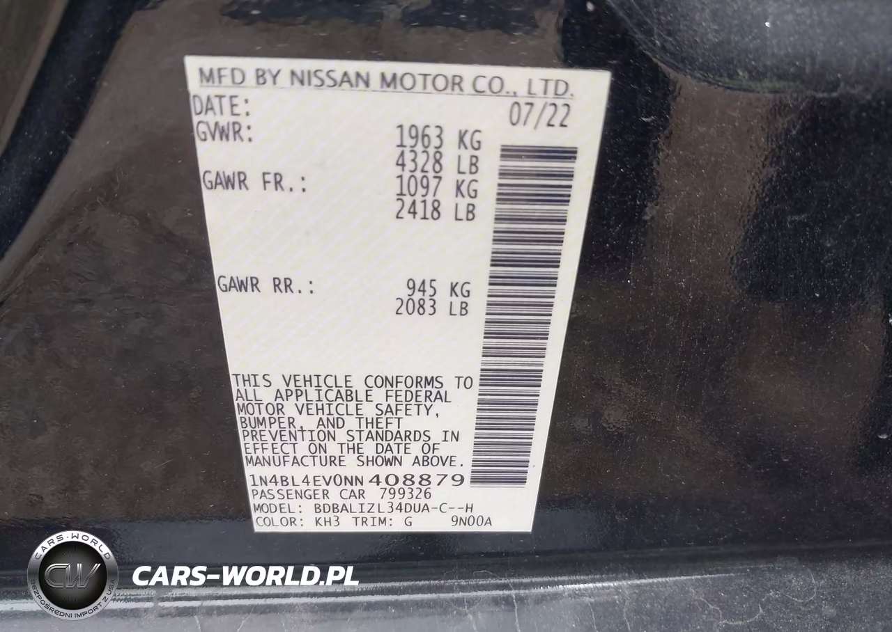 2022 Nissan Altima Sl Fwd VIN:1N4BL4EV0NN408879 - 9