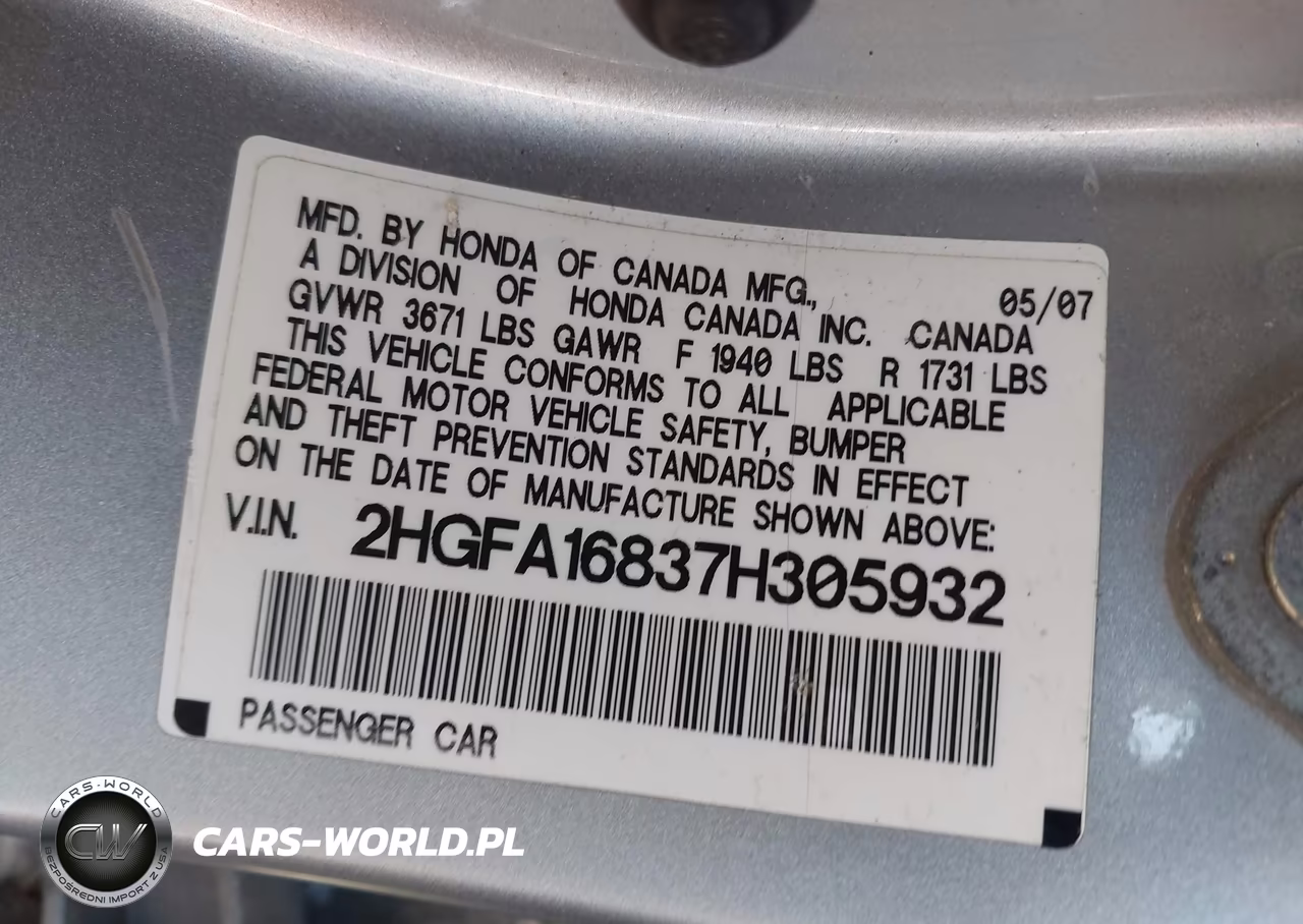 2007 Honda Civic Ex VIN:2HGFA16837H305932 - 9