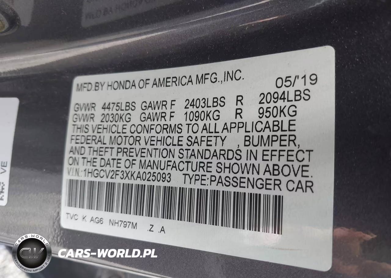 2019 Honda Accord Sport 2.0T VIN:1HGCV2F3XKA025093 - 9