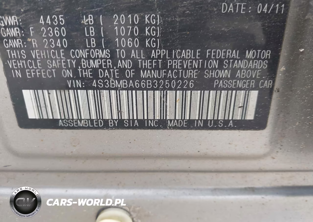 2011 Subaru Legacy 2.5I VIN:4S3BMBA66B3250226 - 9