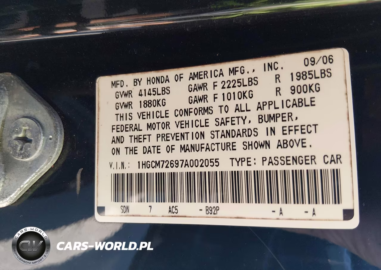 2007 Honda Accord 2.4 Ex VIN:1HGCM72697A002055 - 9