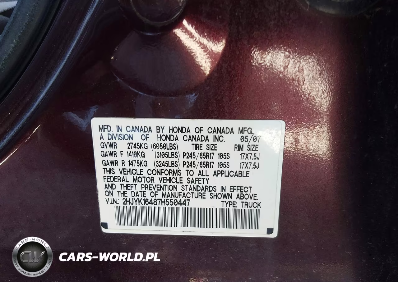 2007 Honda Ridgeline Rts VIN:2HJYK16487H550447 - 9