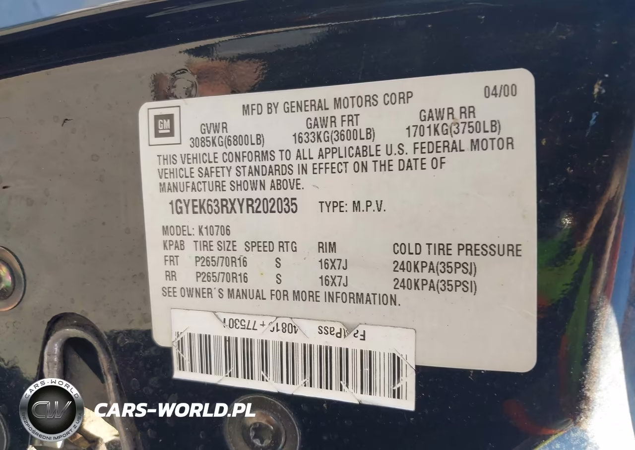 2000 Cadillac Escalade Standard VIN:1GYEK63RXYR202035 - 9