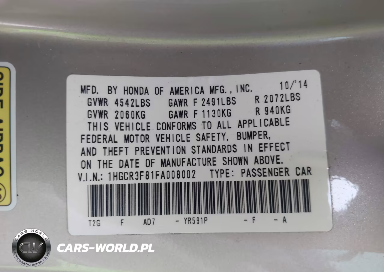 2015 Honda Accord Ex-L V-6 VIN:1HGCR3F81FA008002 - 9