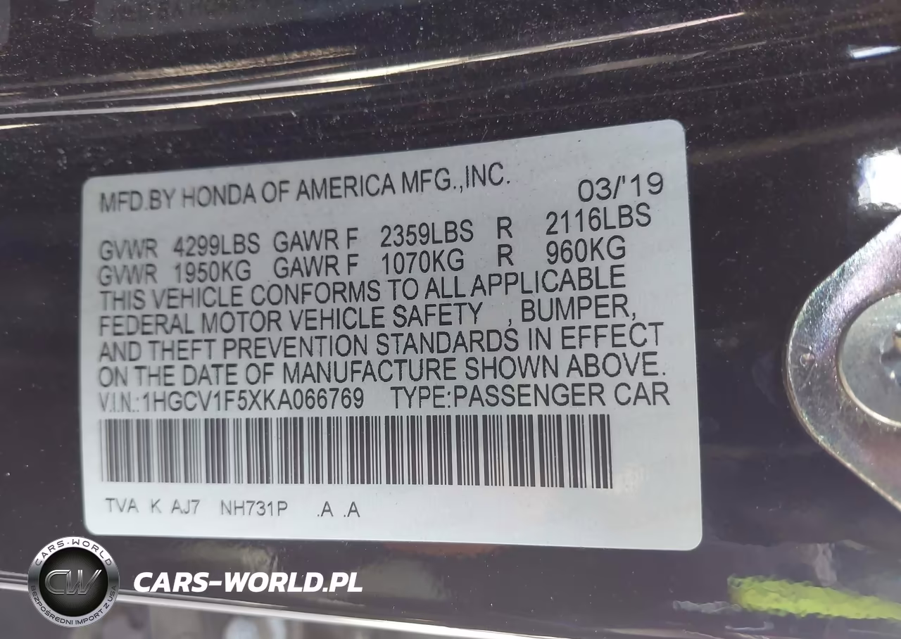 2019 Honda Accord Ex-L 1.5T VIN:1HGCV1F5XKA066769 - 9