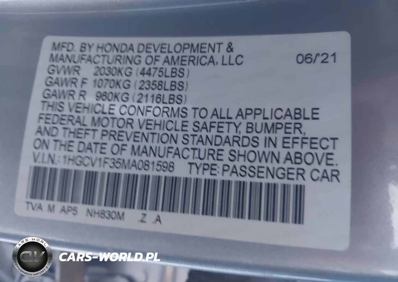 2021 Honda Accord Sport VIN:1HGCV1F35MA081598 - 9