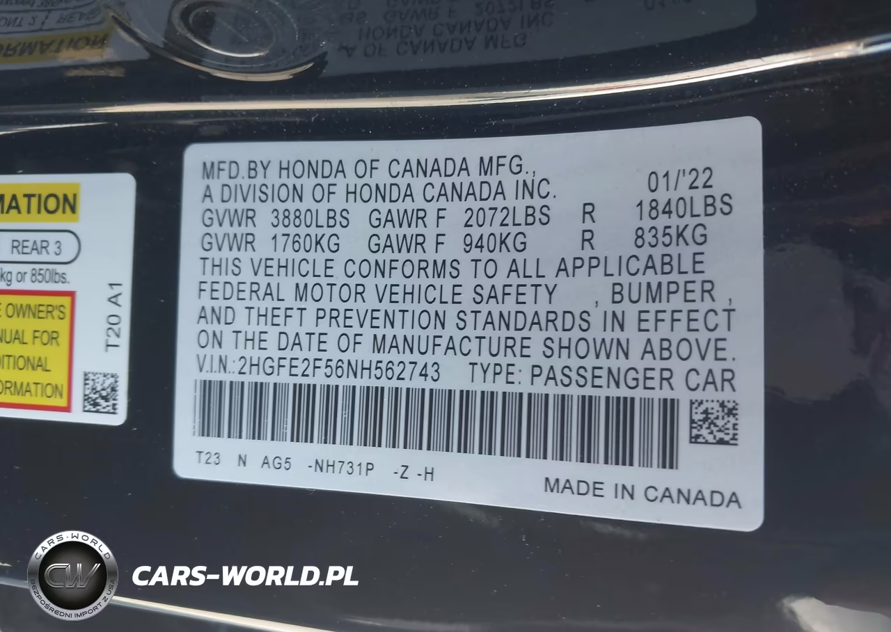 2022 Honda Civic Sport VIN:2HGFE2F56NH562743 - 9