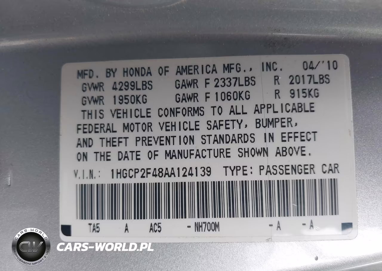 2010 Honda Accord 2.4 Lx-P VIN:1HGCP2F48AA124139 - 9