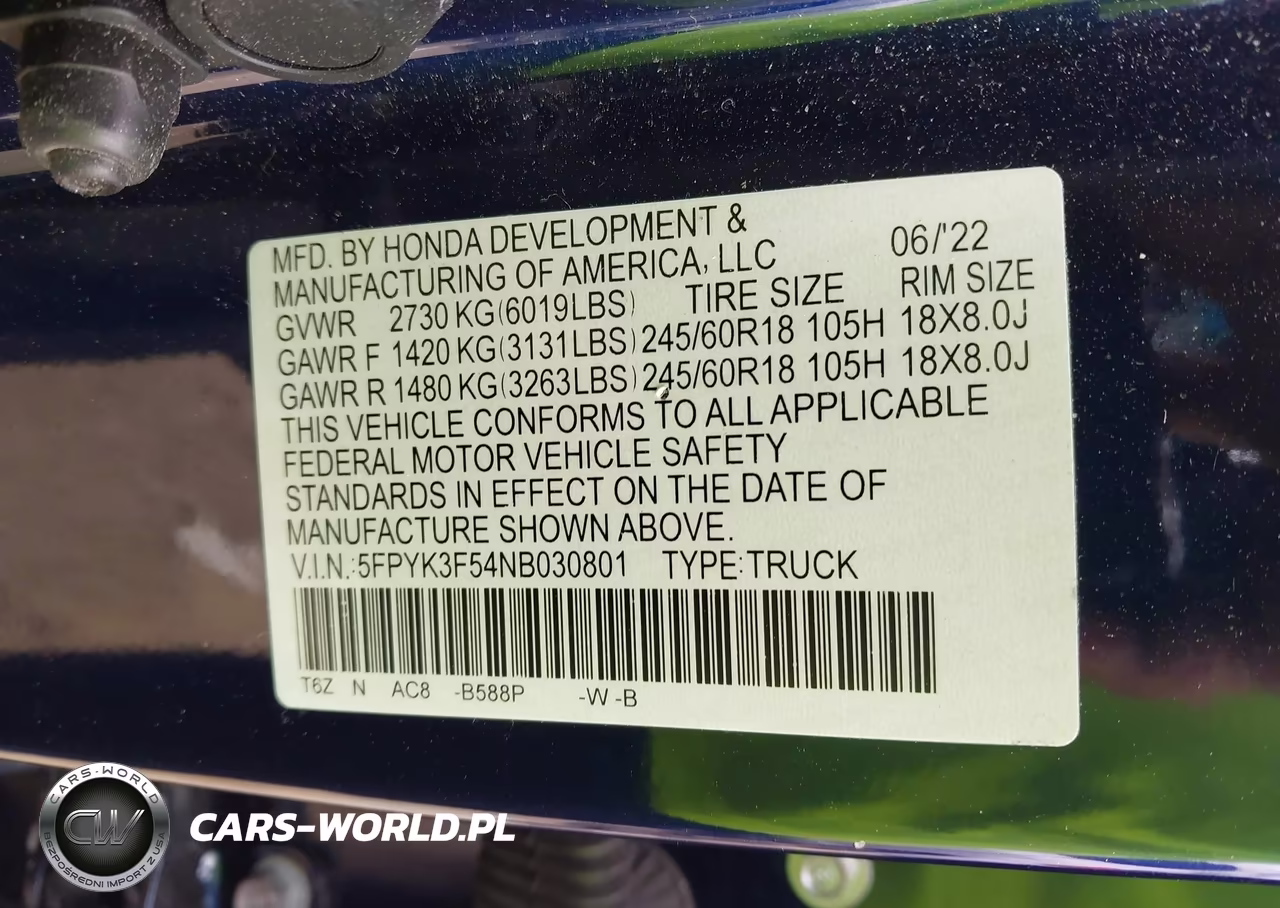 2022 Honda Ridgeline Rtl VIN:5FPYK3F54NB030801 - 9