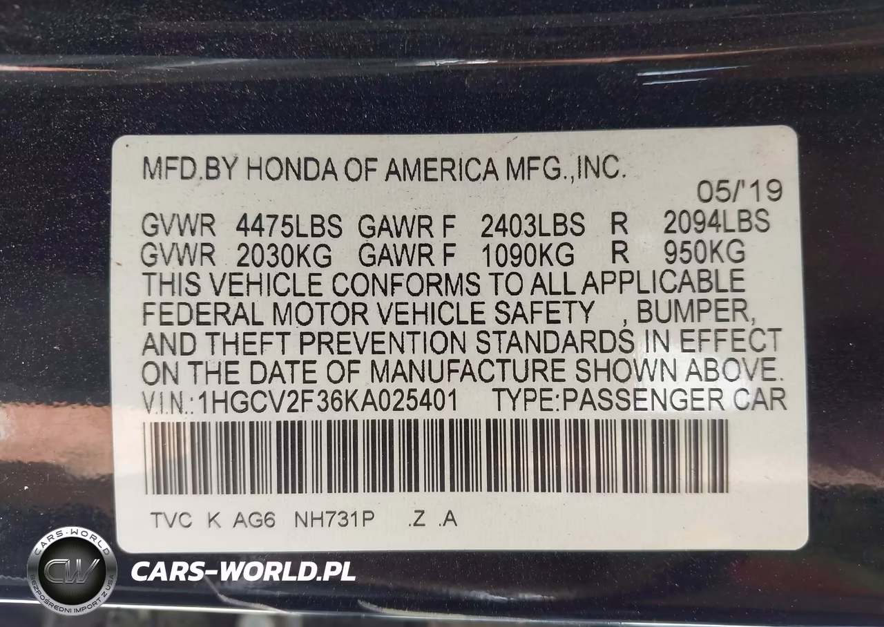 2019 Honda Accord Sport VIN:1HGCV2F36KA025401 - 9