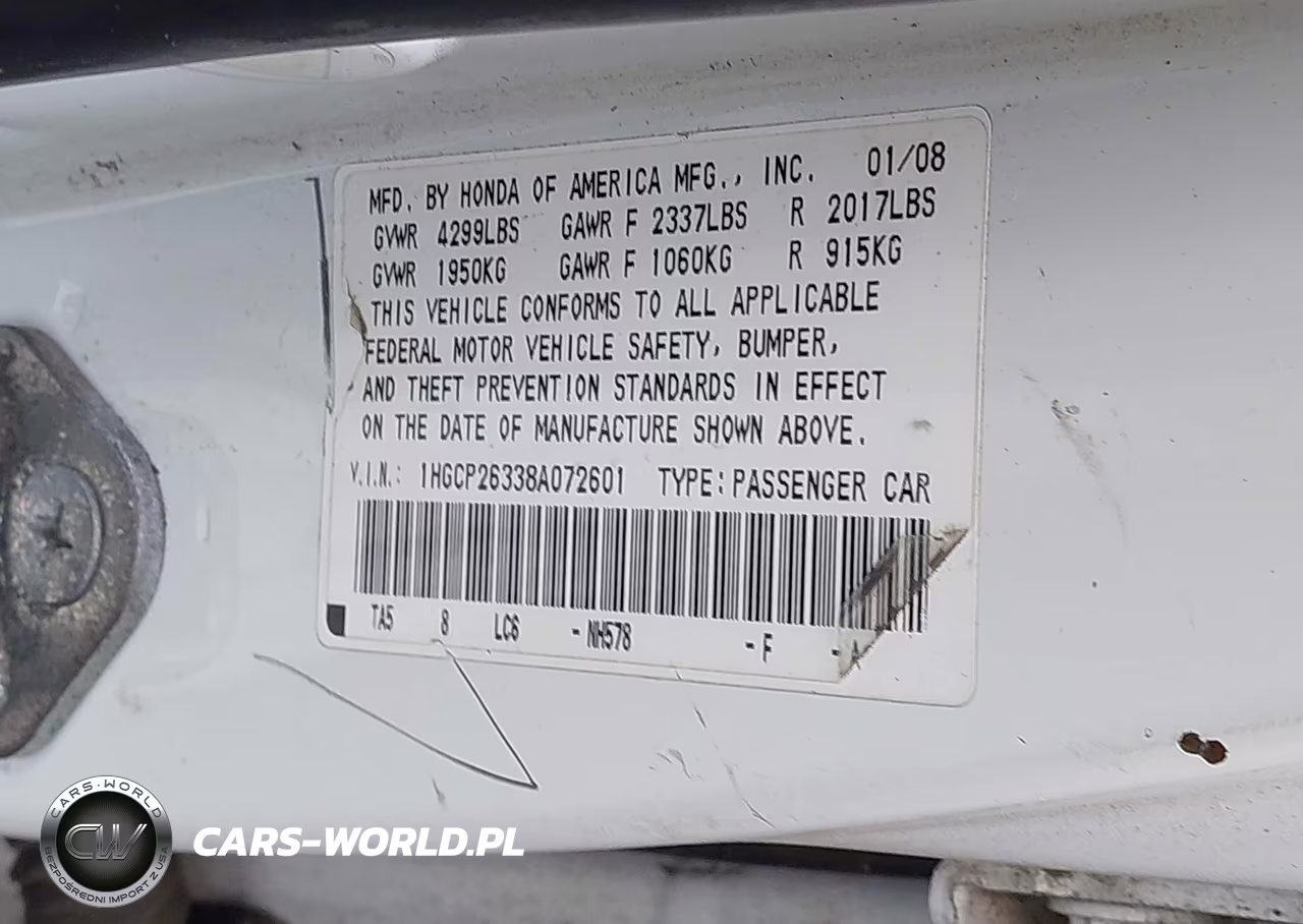 2008 Honda Accord 2.4 Lx VIN:1HGCP26338A072601 - 9