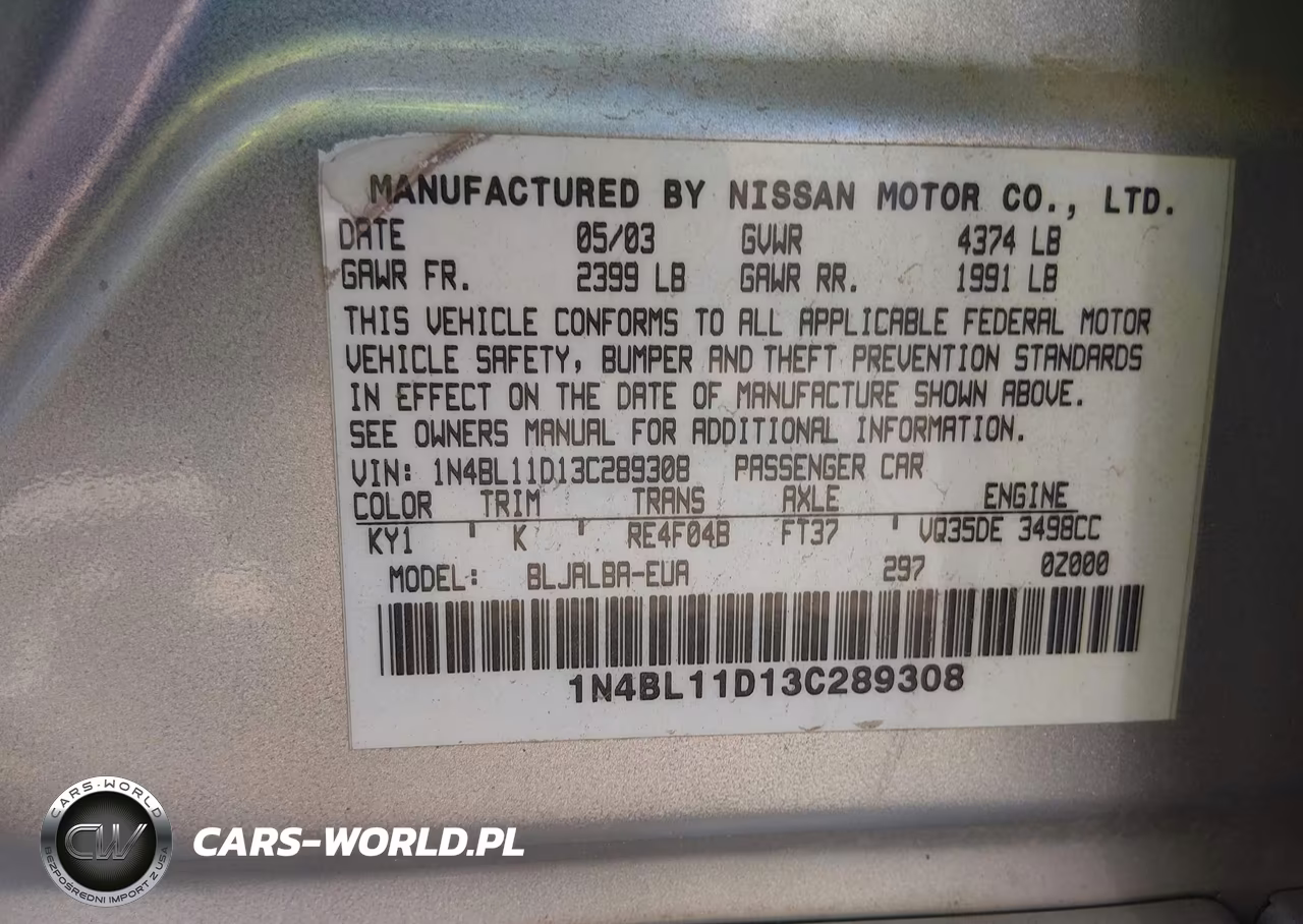 2003 Nissan Altima 3.5 Se VIN:1N4BL11D13C289308 - 9