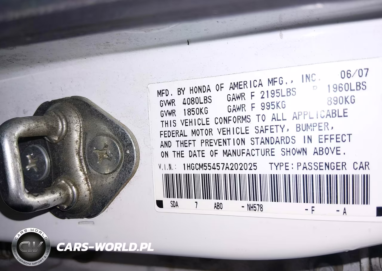 2007 Honda Accord 2.4 Lx VIN:1HGCM55457A202025 - 9