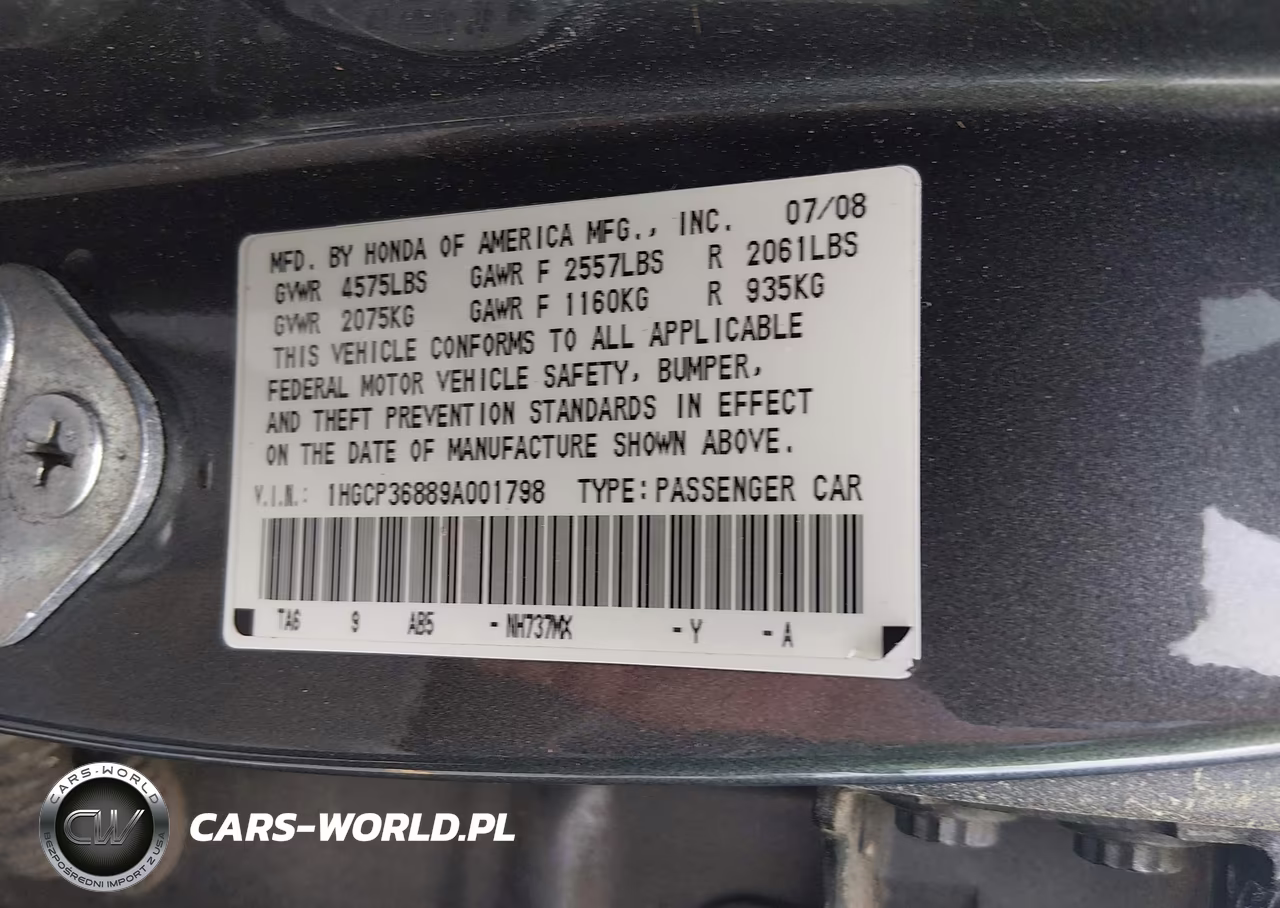 2009 Honda Accord 3.5 Ex-L VIN:1HGCP36889A001798 - 9