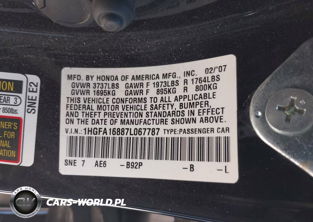 2007 Honda Civic Ex VIN:1HGFA16887L067787 - 9