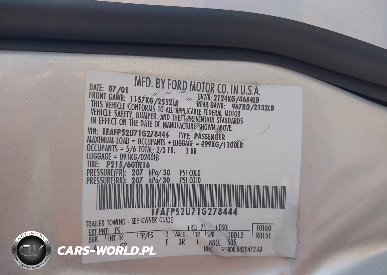 2001 Ford Taurus Lx VIN:1FAFP52U71G278444 - 9