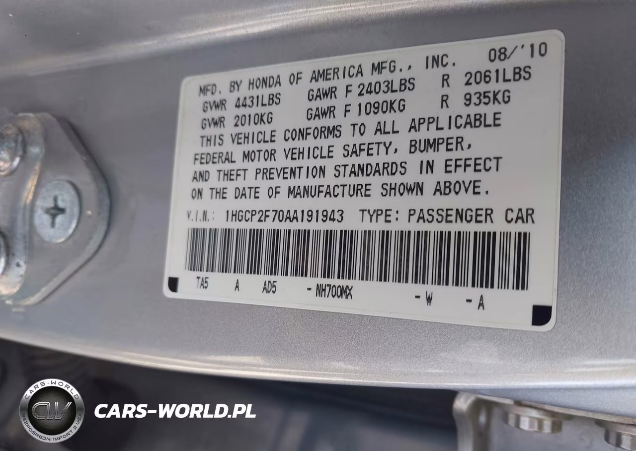 2010 Honda Accord 2.4 Ex VIN:1HGCP2F70AA191943 - 9