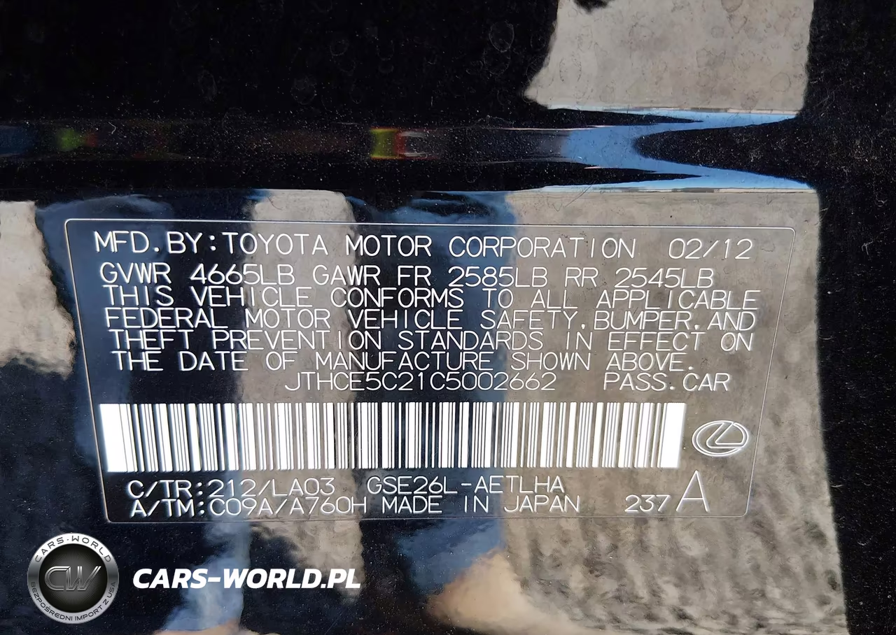 2012 Lexus Is 350 VIN:JTHCE5C21C5002662 - 9