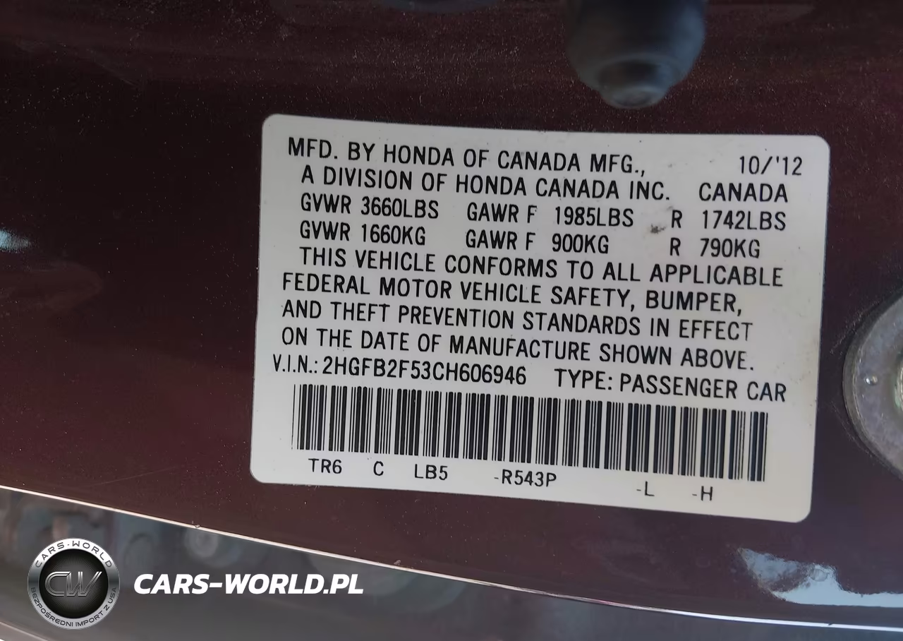 2012 Honda Civic Lx VIN:2HGFB2F53CH606946 - 9