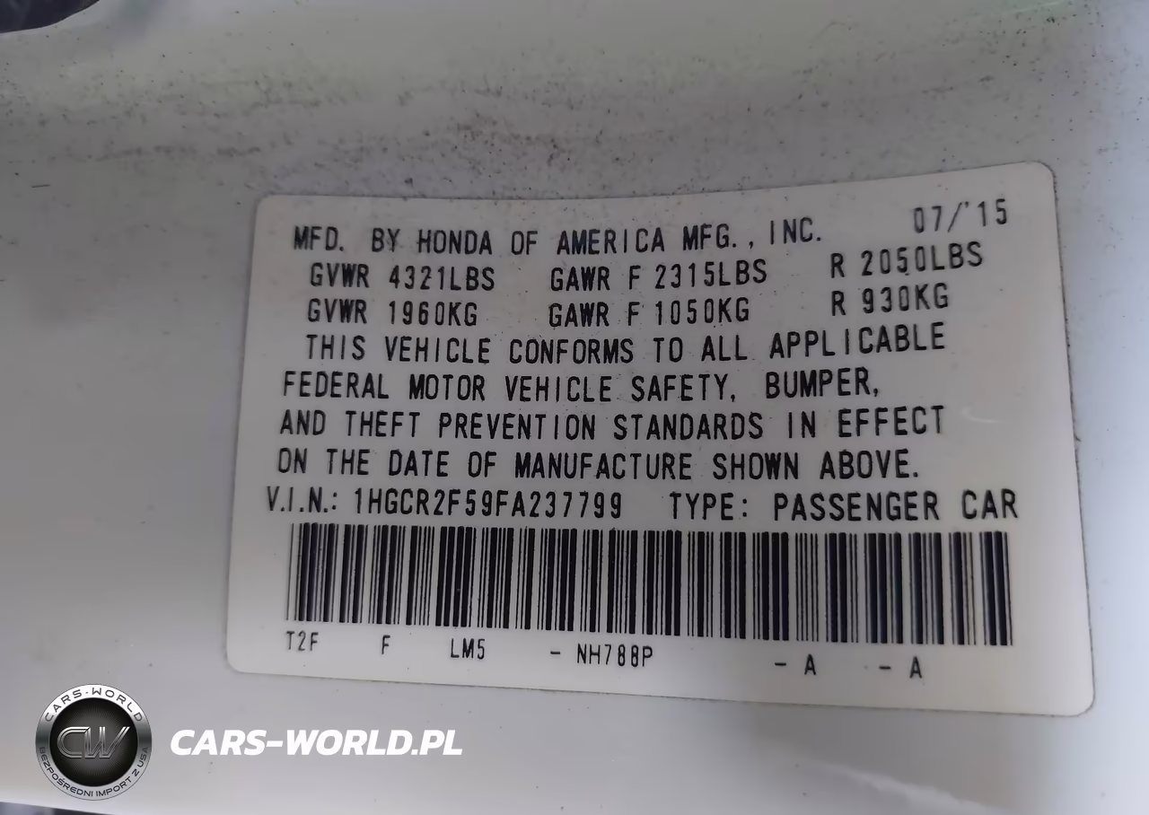 2015 Honda Accord Sport VIN:1HGCR2F59FA237799 - 9