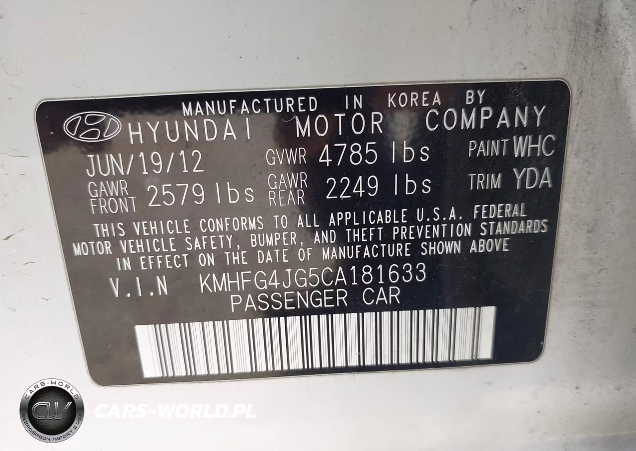 2012 Hyundai Azera VIN:KMHFG4JG5CA181633 - 9