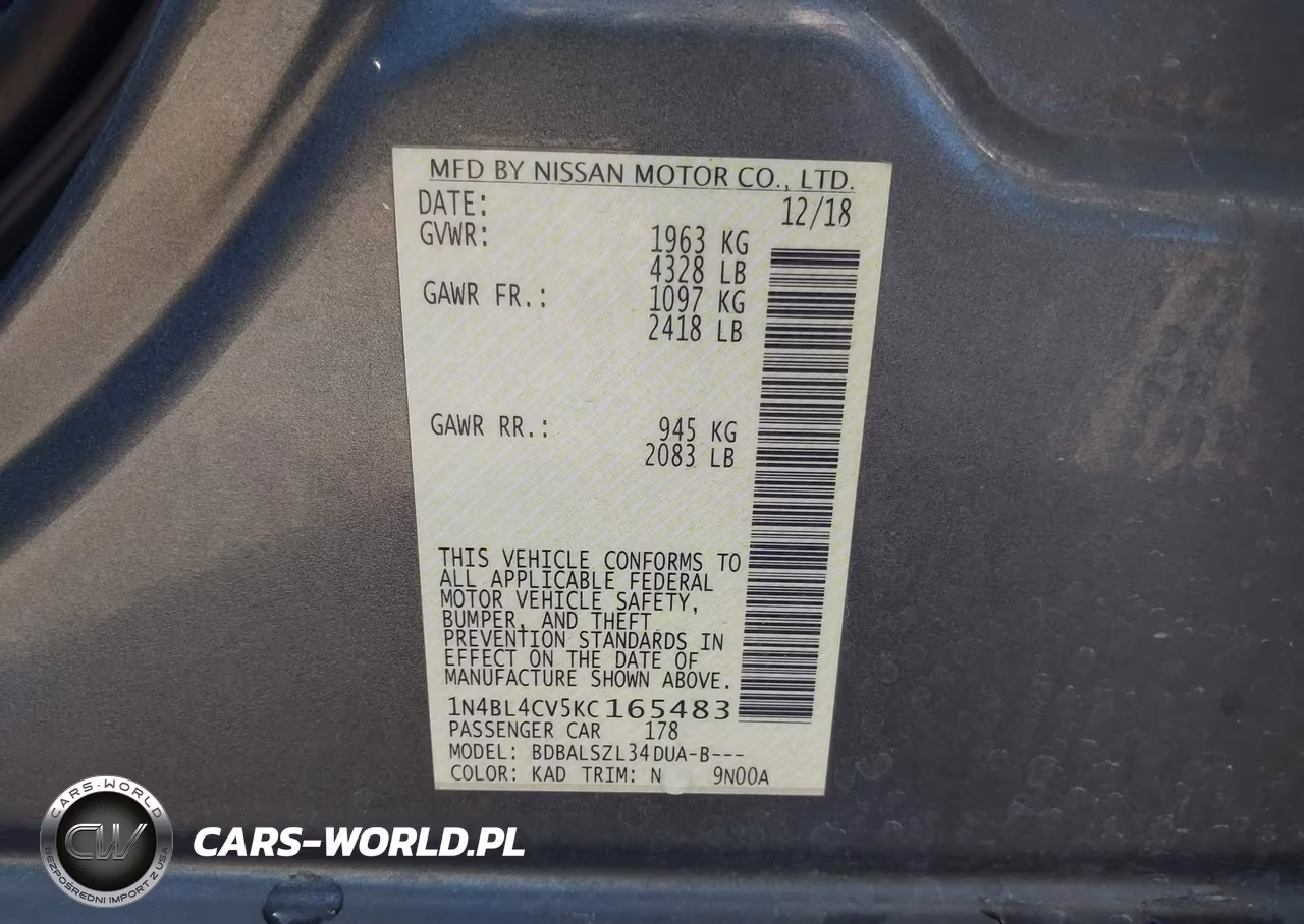 2019 Nissan Altima 2.5 Sr VIN:1N4BL4CV5KC165483 - 9