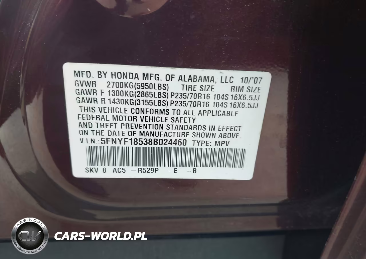 2008 Honda Pilot Ex-L VIN:5FNYF18538B024460 - 9