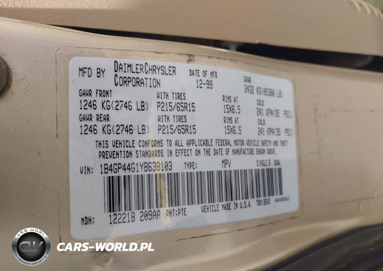 2000 Dodge Grand Caravan Se VIN:1B4GP44G1YB638103 - 9