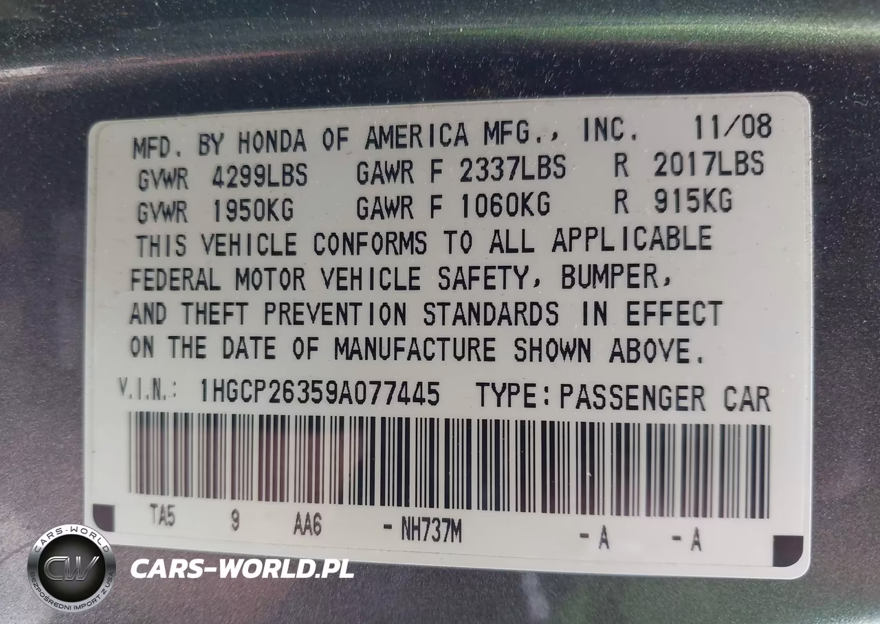 2009 Honda Accord 2.4 Lx VIN:1HGCP26359A077445 - 9