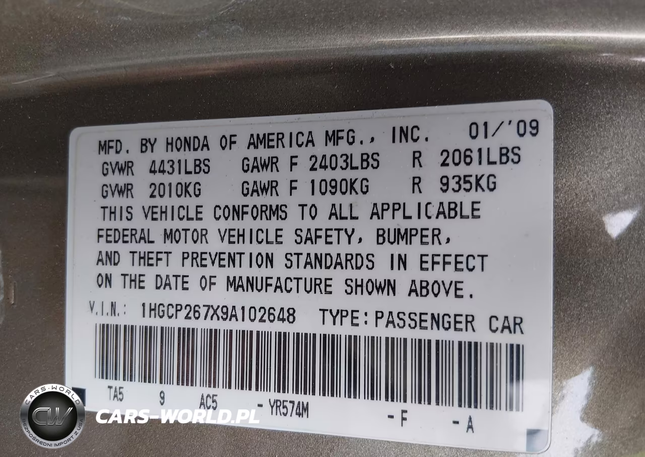 2009 Honda Accord 2.4 Ex VIN:1HGCP267X9A102648 - 9