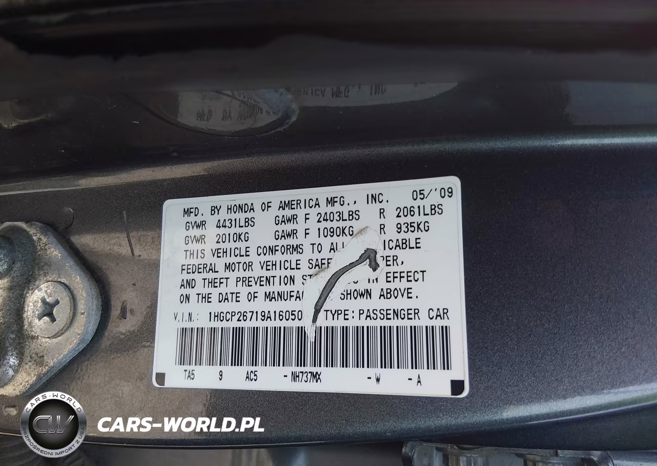 2009 Honda Accord 2.4 Ex VIN:1HGCP26719A160504 - 9