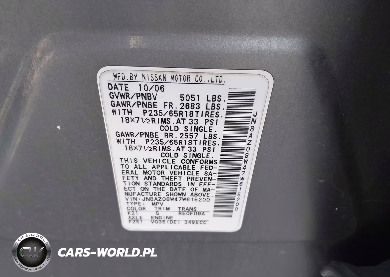 2007 Nissan Murano Sl VIN:JN8AZ08W47W615200 - 9