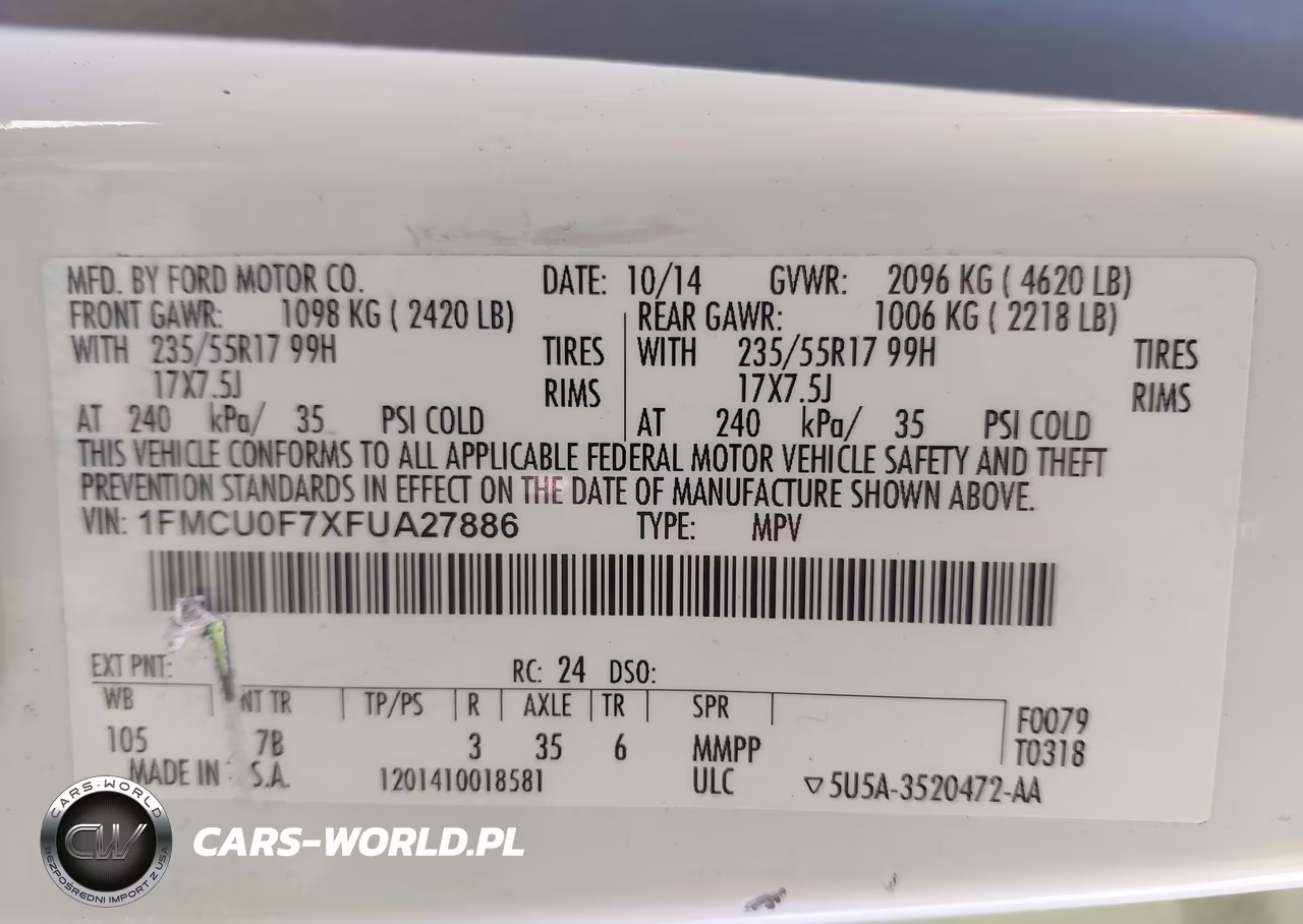 2015 Ford Escape S VIN:1FMCU0F7XFUA27886 - 9