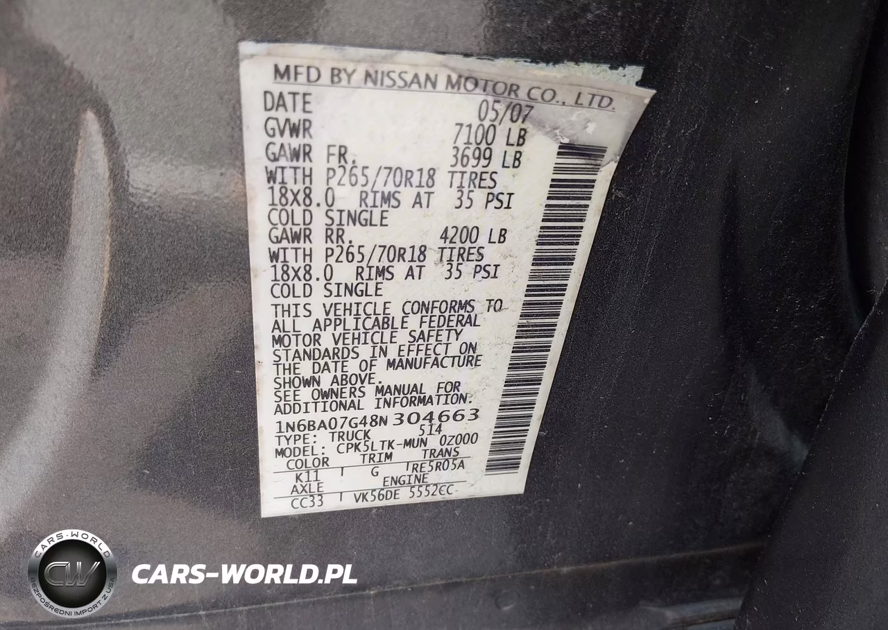 2008 Nissan Titan Se VIN:1N6BA07G48N304663 - 9
