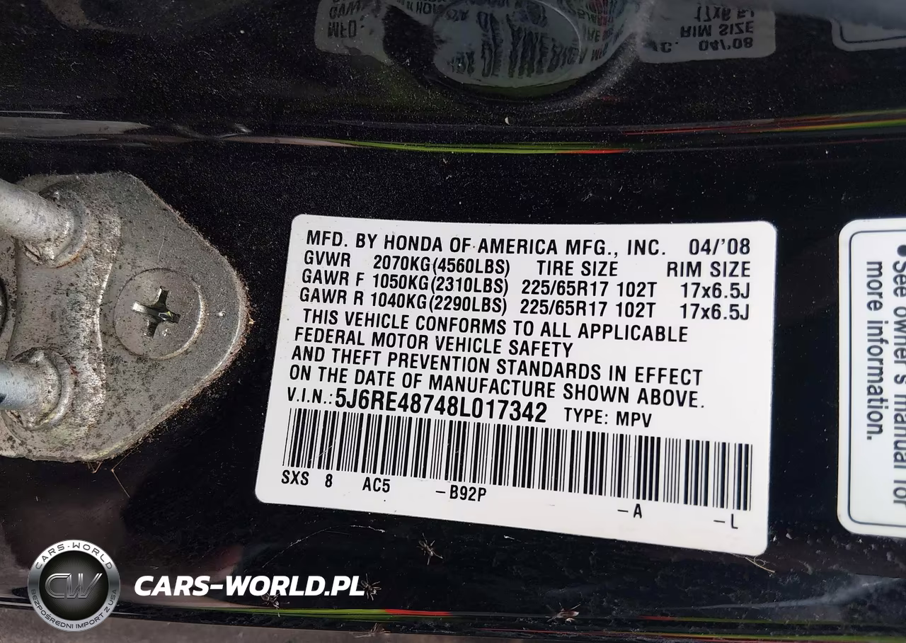2008 Honda Cr-V Ex-L VIN:5J6RE48748L017342 - 9
