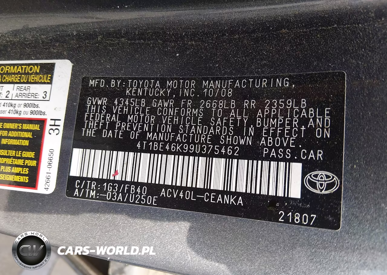 2009 Toyota Camry Le VIN:4T1BE46K99U375462 - 9