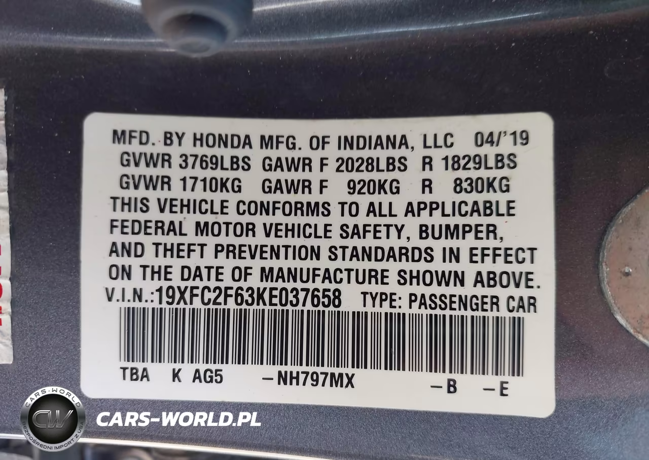 2019 Honda Civic Lx VIN:19XFC2F63KE037658 - 9