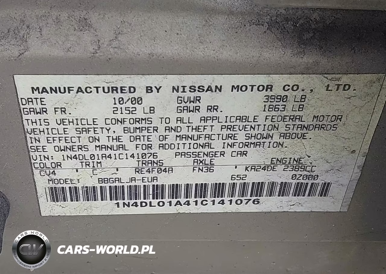 2001 Nissan Altima Gle VIN:1N4DL01A41C141076 - 9